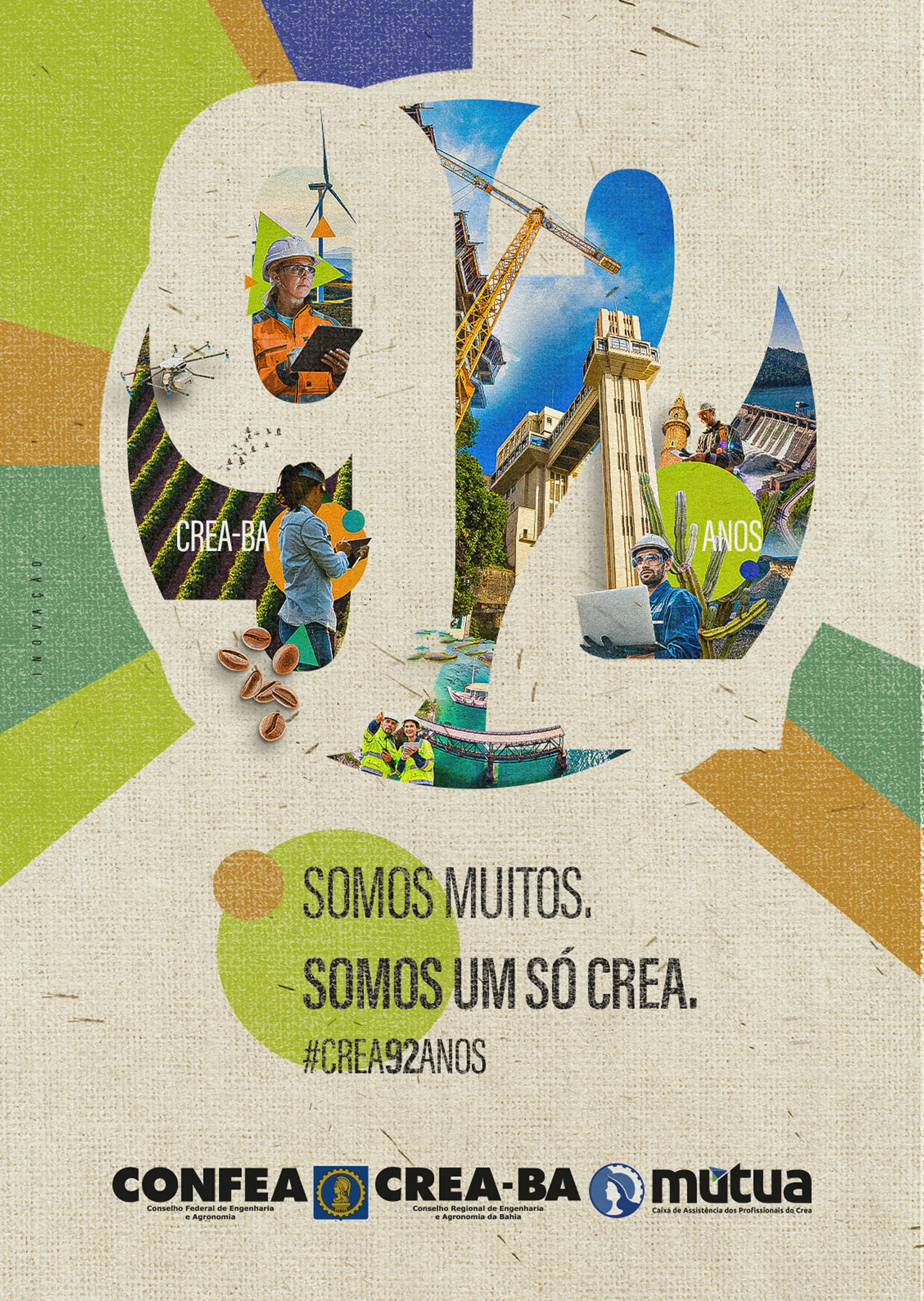Anúncio de revista dos 92 anos do Crea-BA: o número 92 preenchido com imagens de profissões, obras e paisagens da Bahia, com o conceito Somos muitos. Somos um só Crea.