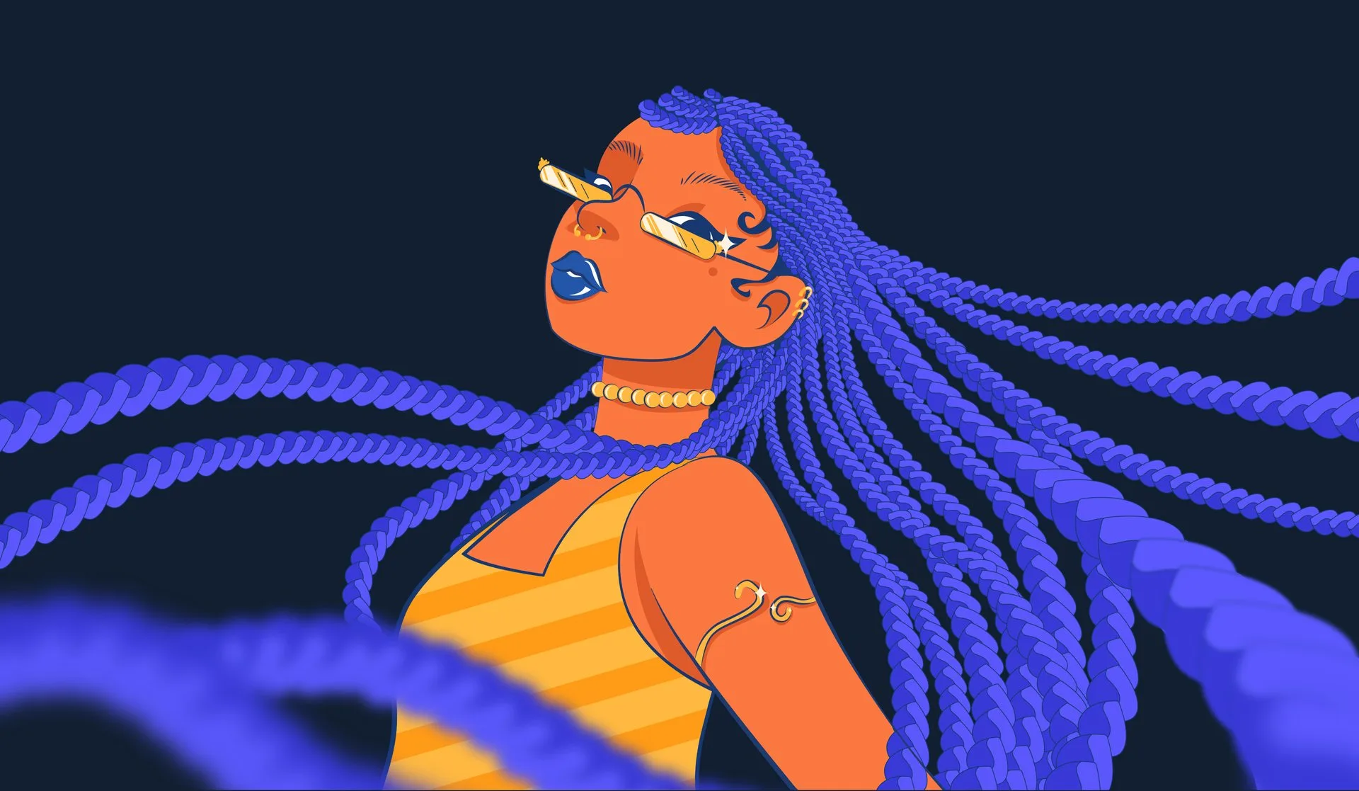 Ilustração de personagem com tranças azuis e óculos dourados criada para a campanha da He-Net
