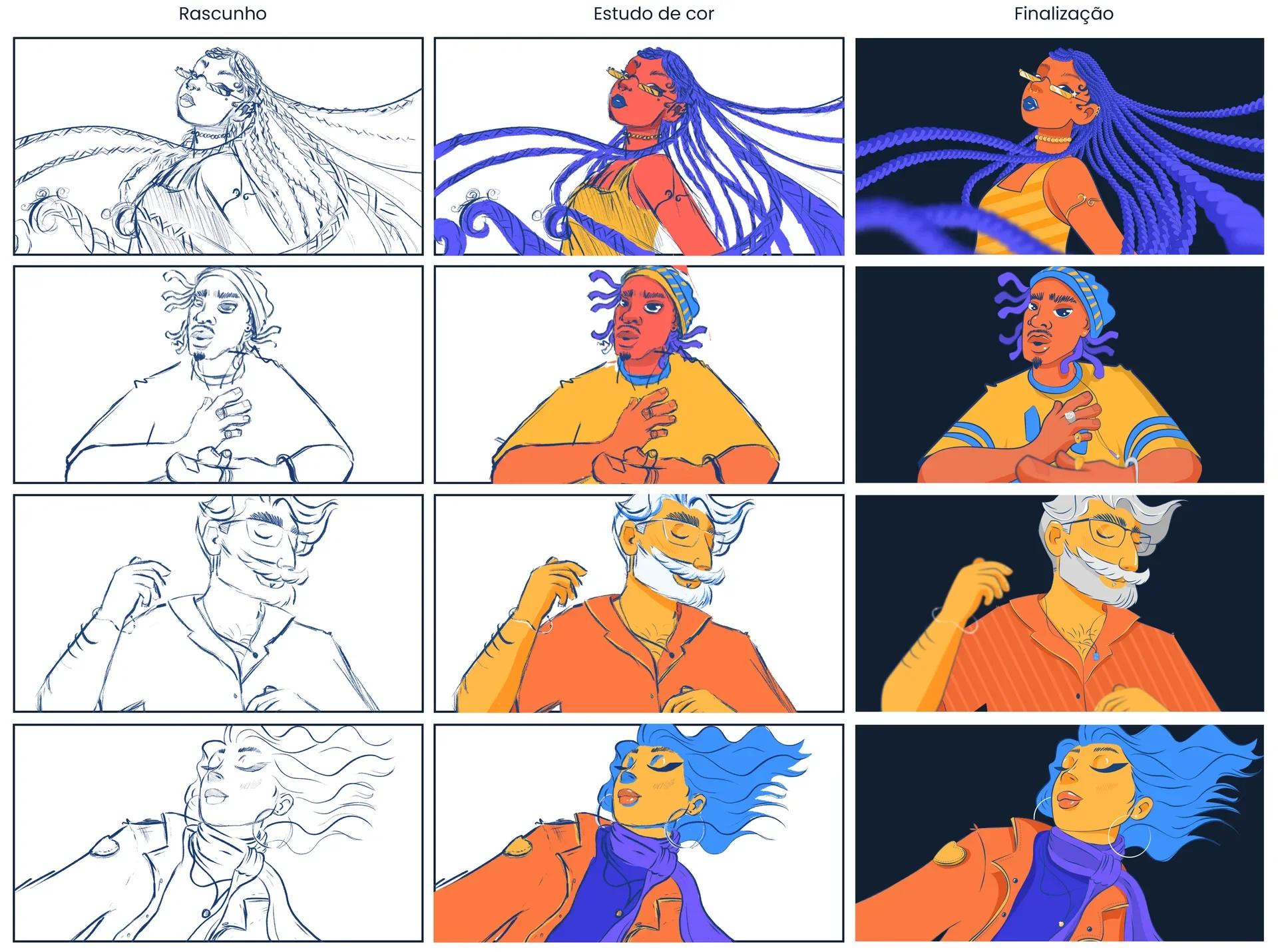 Processo das ilustrações em três etapas: rascunho, estudo de cor e finalização de cada personagem