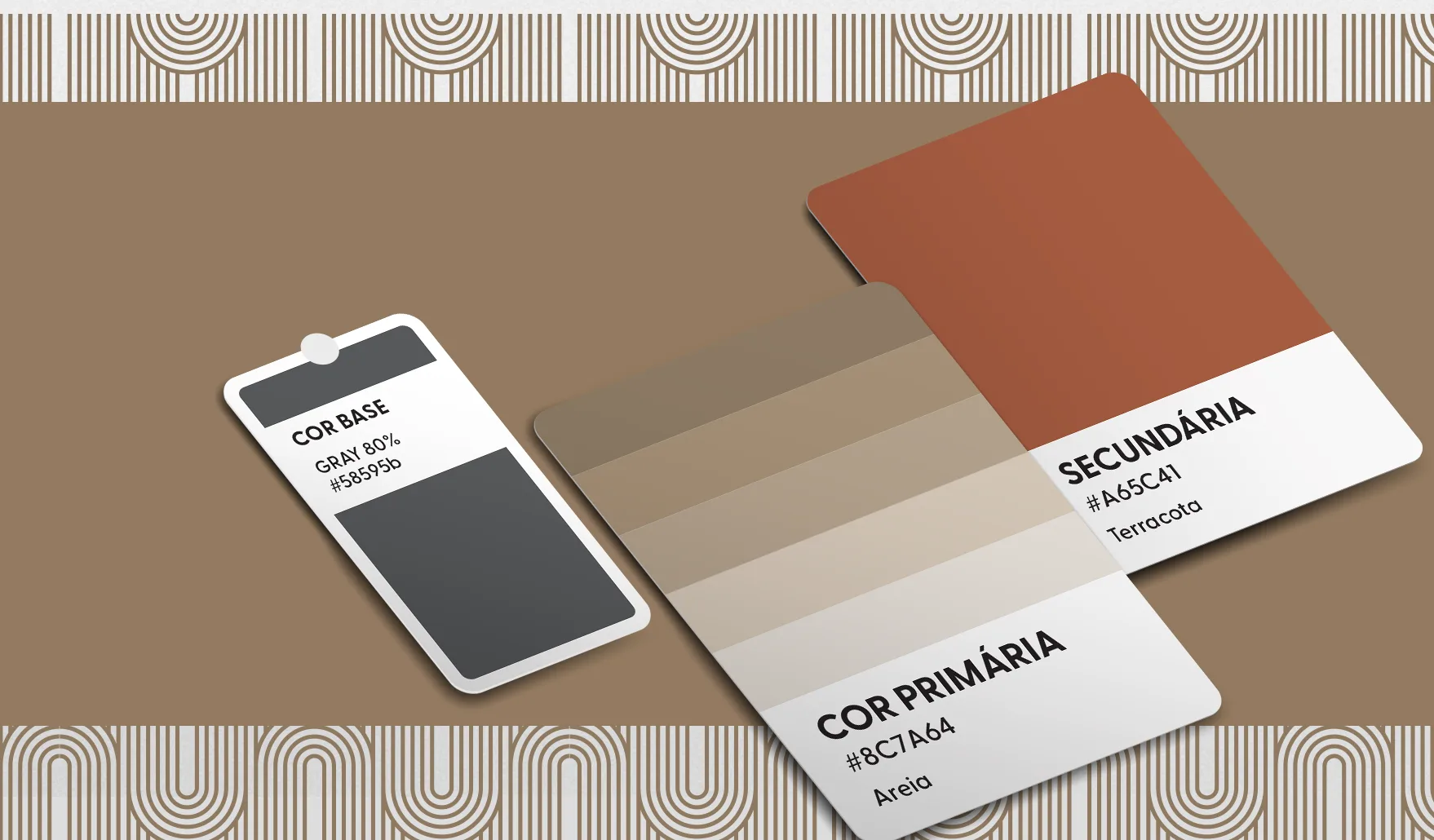 Paleta de cores da MMBC: areia #8C7A64, terracota #A65C41 e cinza #58595B