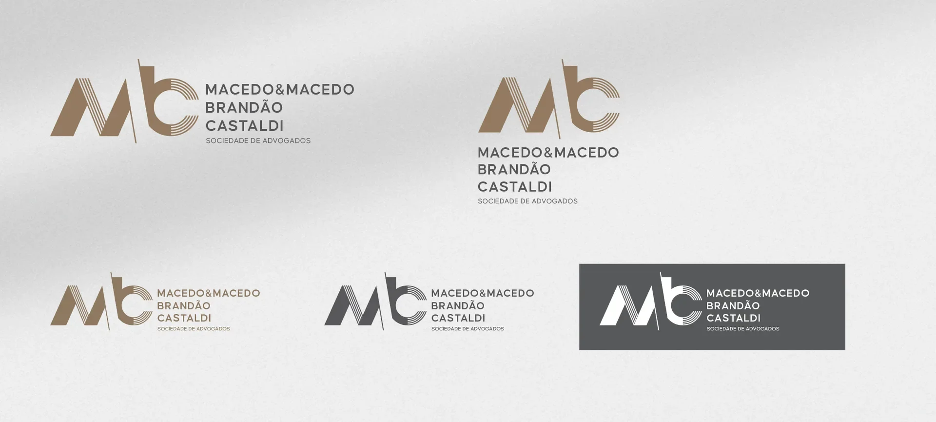 Versões horizontal, vertical, monocromática e negativa da marca MMBC