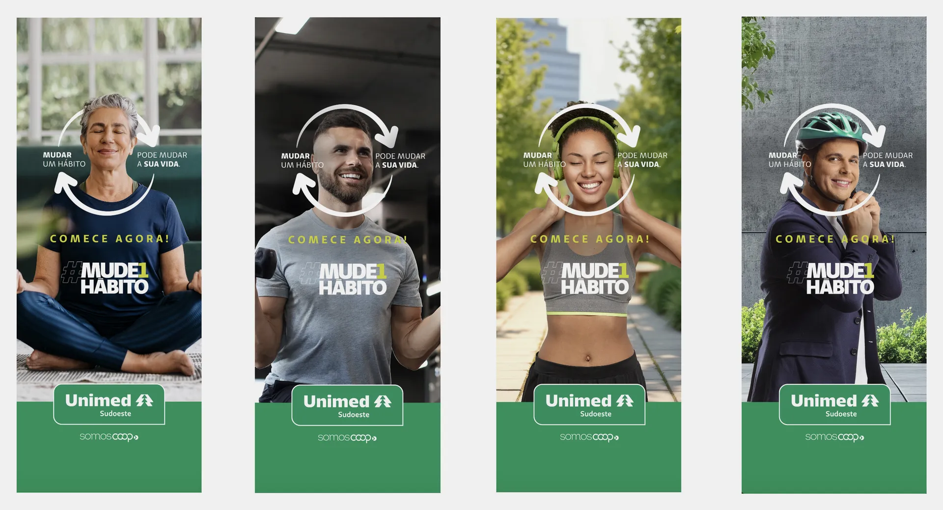 Adesivos da campanha #Mude1Hábito da Unimed Sudoeste para portas de banheiro