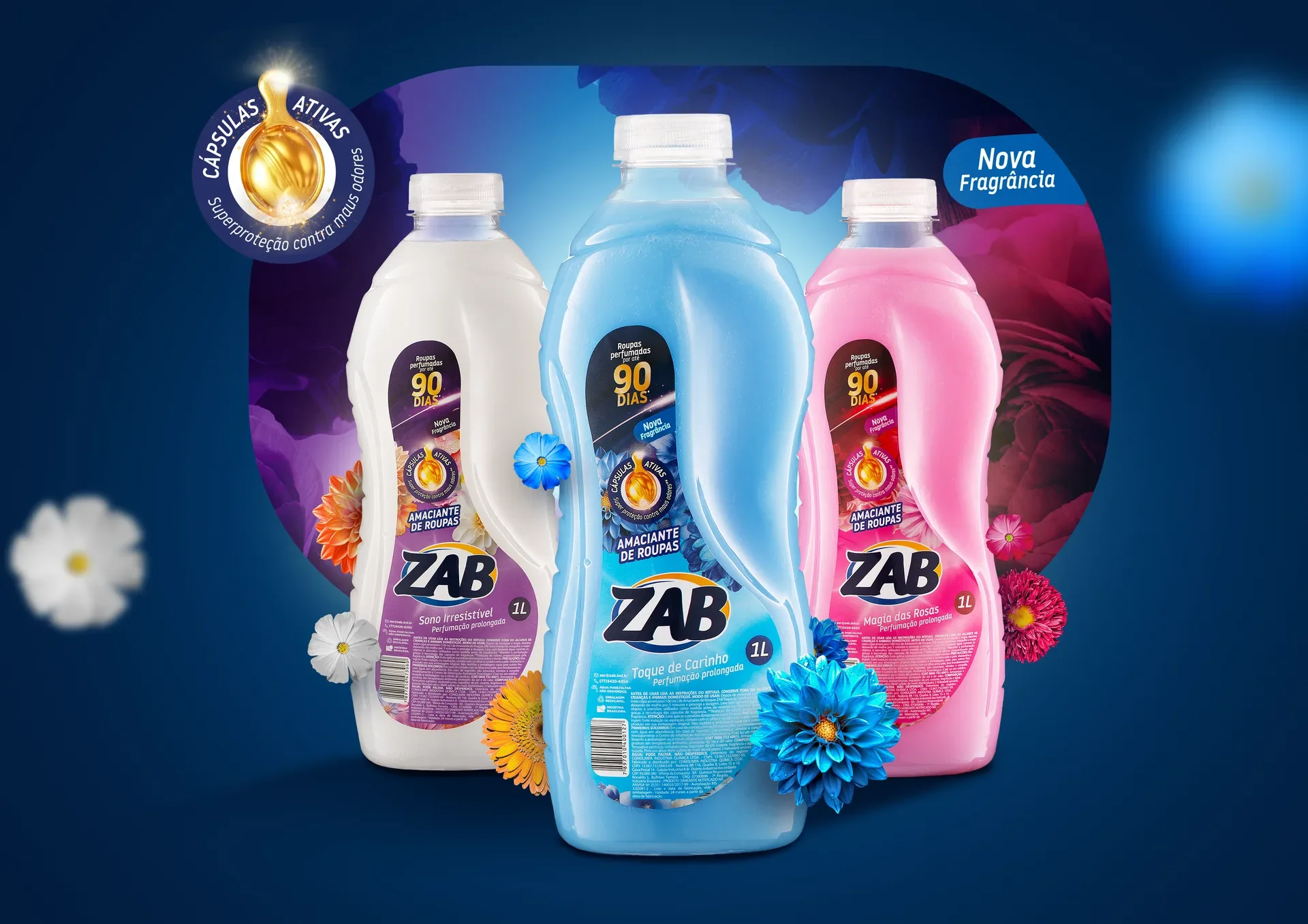 Novos rótulos dos amaciantes ZAB Sono Irresistível, Toque de Carinho e Magia das Rosas