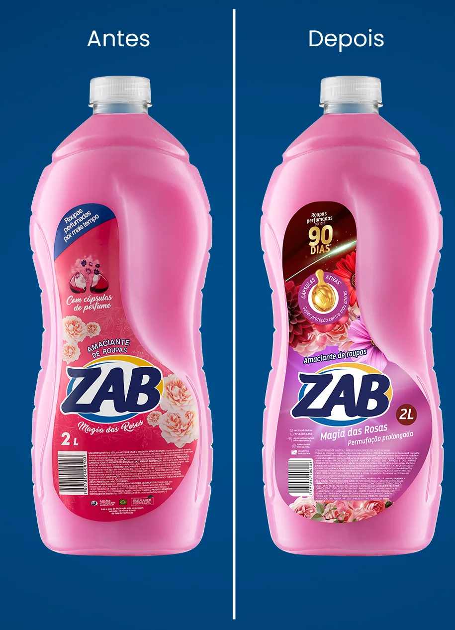 Antes e depois do rótulo do amaciante ZAB Magia das Rosas