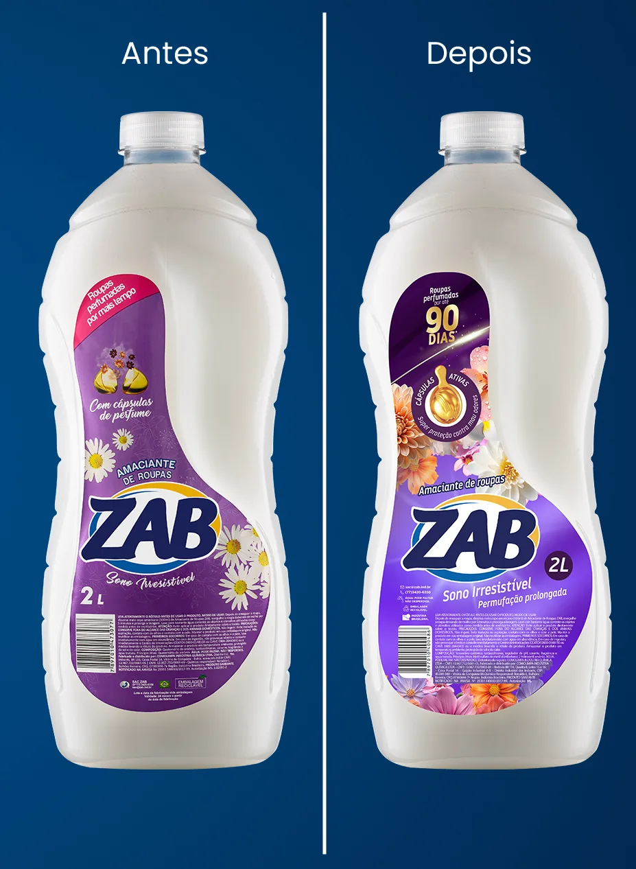 Antes e depois do rótulo do amaciante ZAB Sono Irresistível