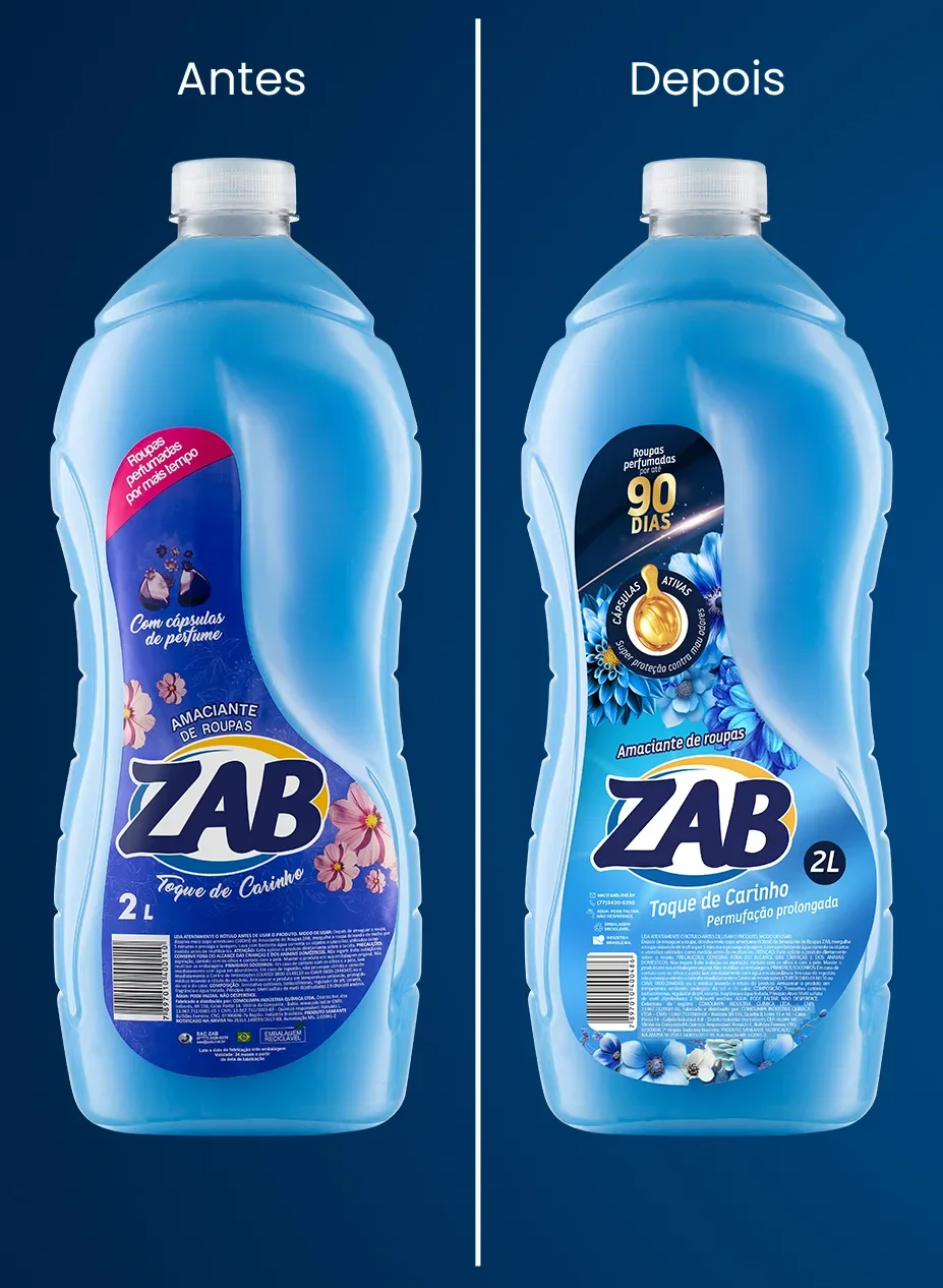 Antes e depois do rótulo do amaciante ZAB Toque de Carinho